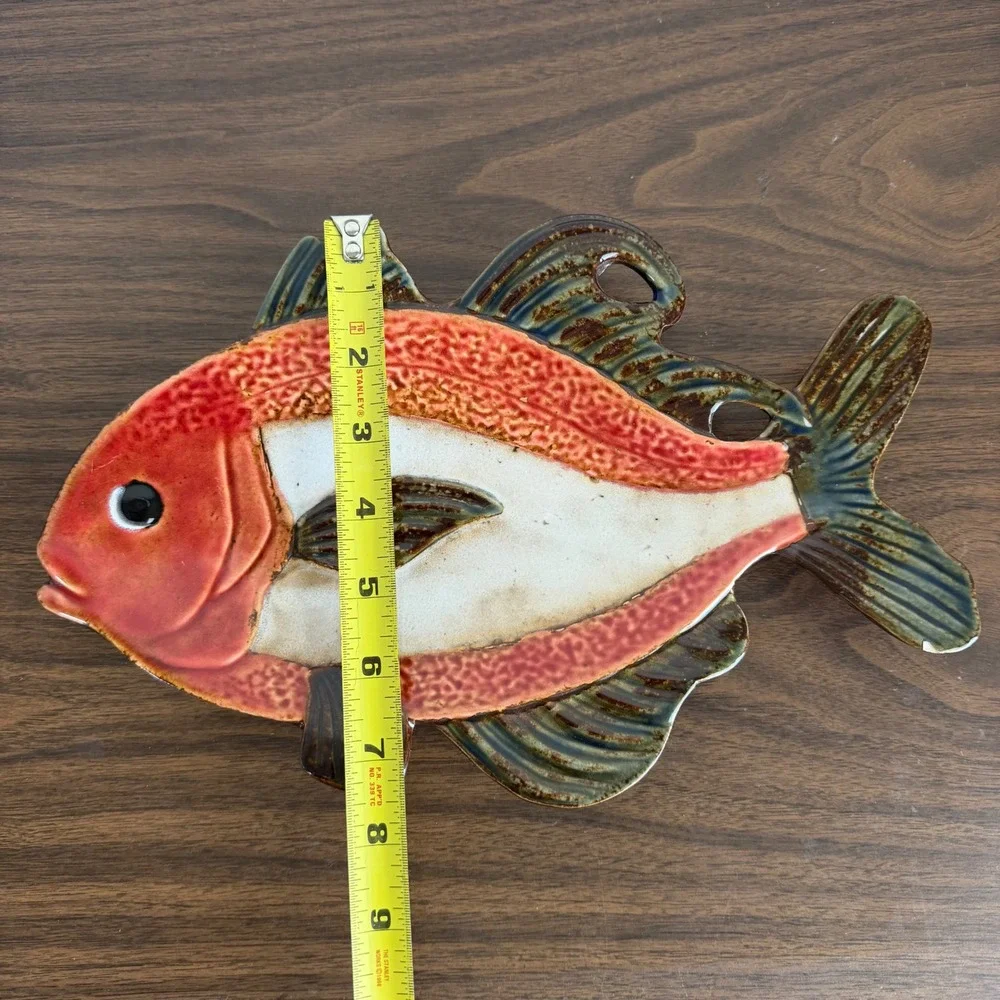 Pier 1 Imports Hand Painted Porcelain Fish Sushi Platter Red Brown Nautical READ